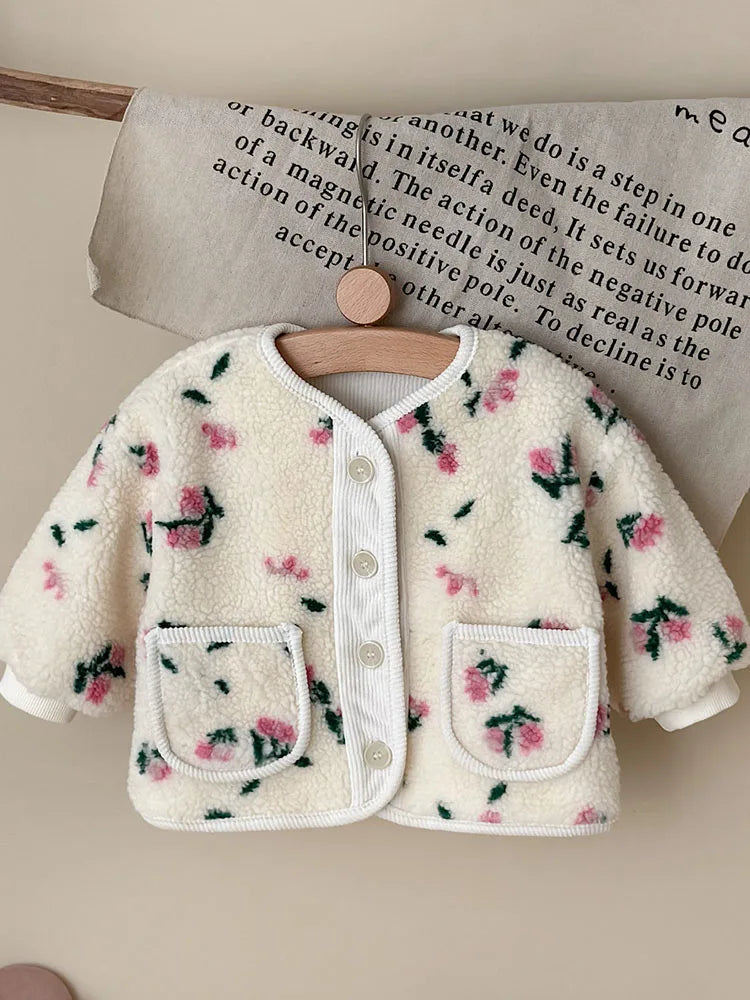 Wholesale 0-3 Y Baby Girls Clothes Full Of Floral Print Girls Thicken Jacket Fur Lining Girls Fur Coat Kids Girls Outfit