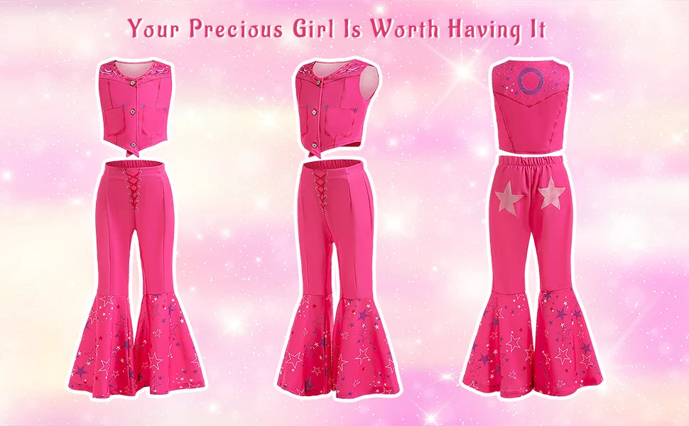 Girls Margot Movie Cospaly Costume Pink Vest Top And Flared Trousers For Kids Barbe Halloween Birthday Party Carnival Outfits