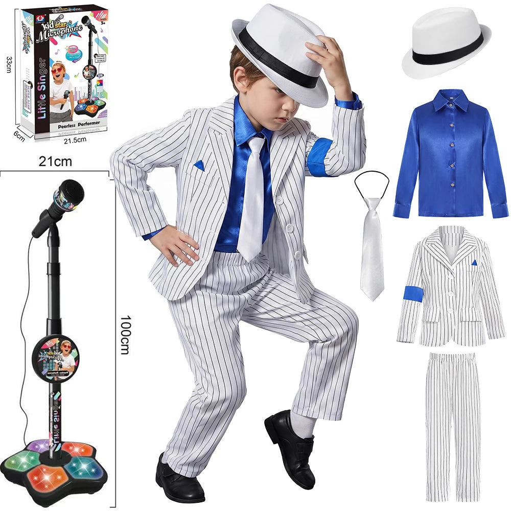 Halloween Carnival Boys Jackson Costume Dancer Singer Moonwalk Stage Outfits 80s Pop Rock Superstar Dress Up White Striped Suit