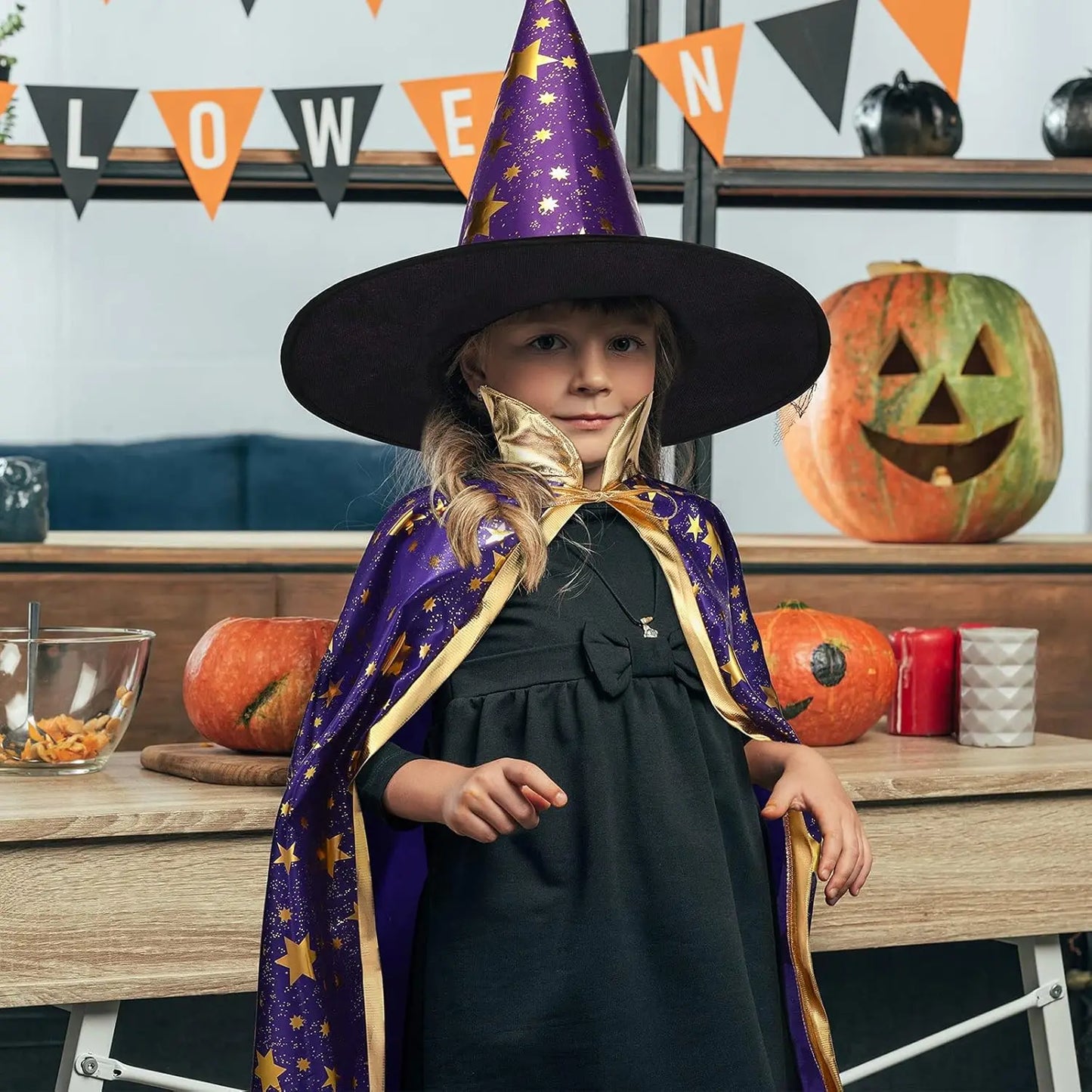 2 Sets Kids Halloween Costumes Witch Cloak Witch Cape & Hat Children Dress up kit-Cosplay Party Accessories for 3-12 Years Kid