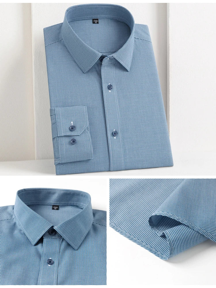 Men's Houndstooth Non-Iron Long Sleeve Button-Up Cotton Shirt, No Pocket Skin-Friendly Casual Versatile for Various Occasions