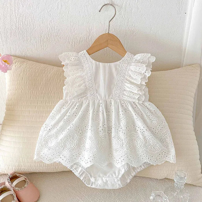 2025 New Summer Korean Style Climbing Suit Flying Sleeve Cotton Lace Splicing Toddler Baby Girls Jumpsuit 0-24M Baby Clothing