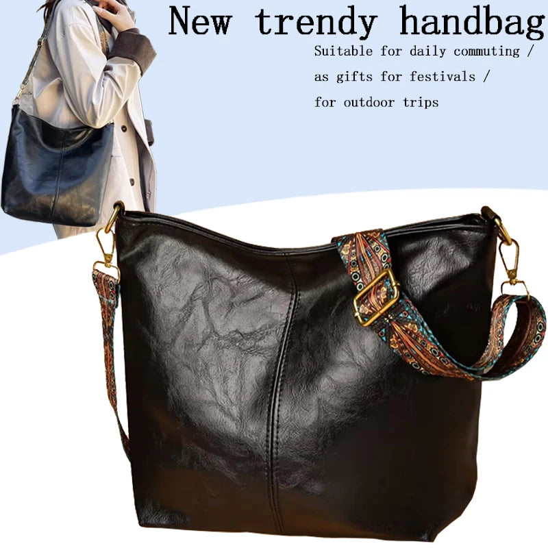 Fashion Minimalist Retro Leather Shoulder Tote, Trendy Printed Strap Design for Street Style and Weekend Outings