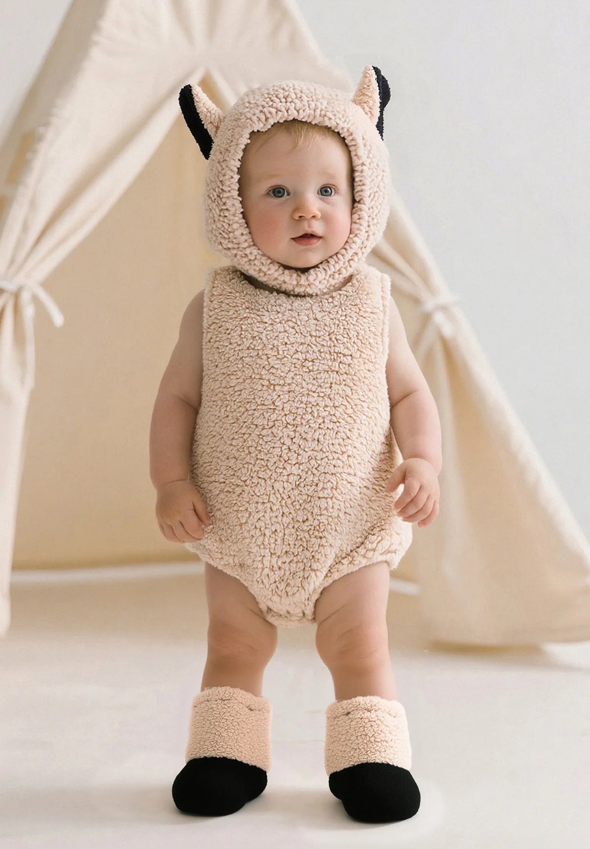 Newborn Baby Sherpa Romper Sleeveless Hooded Sheep Horn Bodysuit Cute Animal Onesie Toddler Warm Jumpsuit Winter Playsuit.