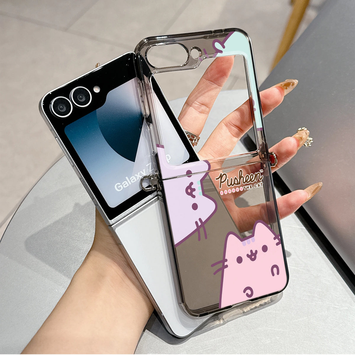 Cute Cartoon Funny Donuts P-Pusheens Cat Phone Case for Motorola Moto Razr 40 50 60 Ultra 5G Semi-transparent Foldable TPU Cover