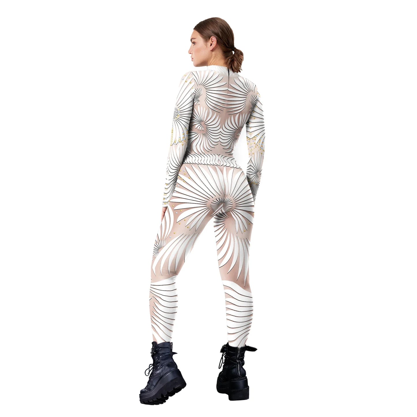 Halloween Cosplay Costume Shiny Sexy Lace Sequins Pattern 3D Printed Slim Bodysuit Theme Party Role Playing Jumpsuit for Women