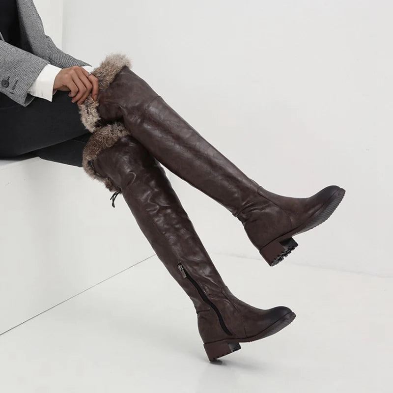 SIMLOVEYO Snow Boots fur Women Leather Boots Med Block Heels Over The Knee Boots Lady Shoes Bota Feminina Size 44 46