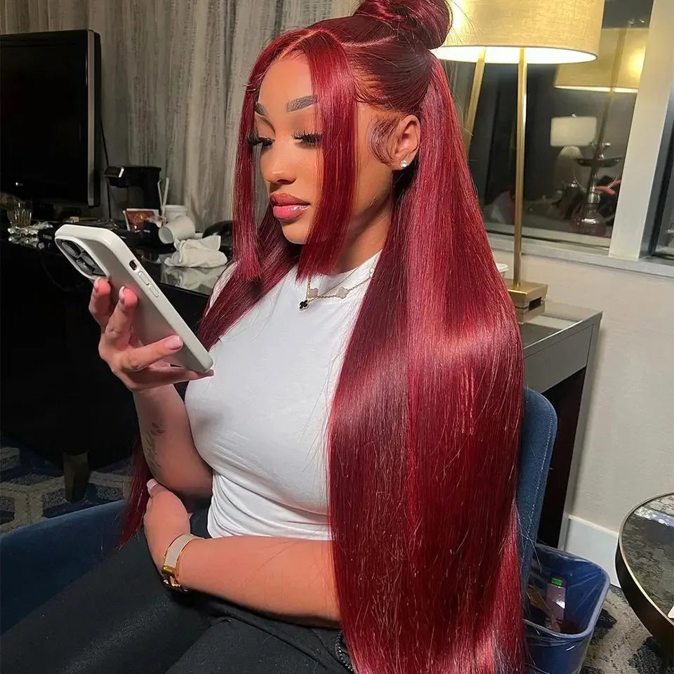 99J Red Burgundy Color Straight 13X4X1 HD Full Lace Frontal Wigs For Women Preplucked With Baby Hair Heat Resistant Fiber  Soft