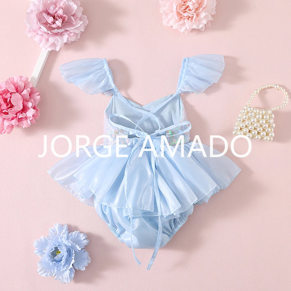New Summer Sister Girl Matching Romper Dress Short Sling Sleeves Big Bow Bodysuit Sequined Princess Dresses Twins Clothing H1518