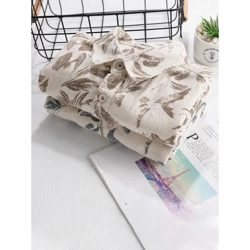 Vacation Leaf Print Linen Blend Short Sleeve Shirt Mens Lapel Casual Breathable Top