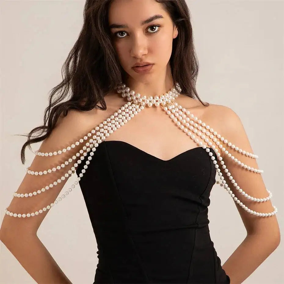 Lacteo Elegant Temperament Imitation Pearl Shawl Shoulder Chain Necklace Women Romantic Wedding Banquet Jewelry Accessories