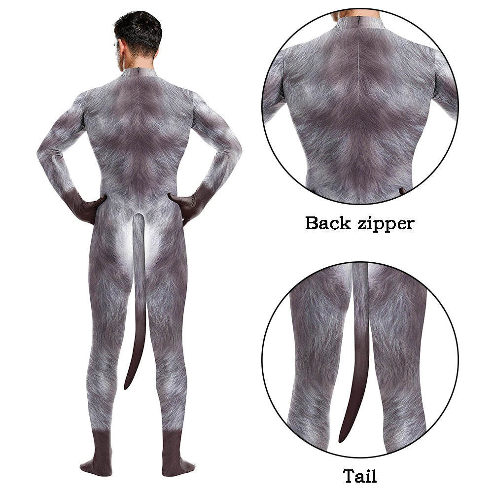 Halloween Cosplay Costume Male Adult Full Cover Elastic Zentai Pet Suit Jumpsuit Print Catsuit Bodysuits with Tail Purim Clothes