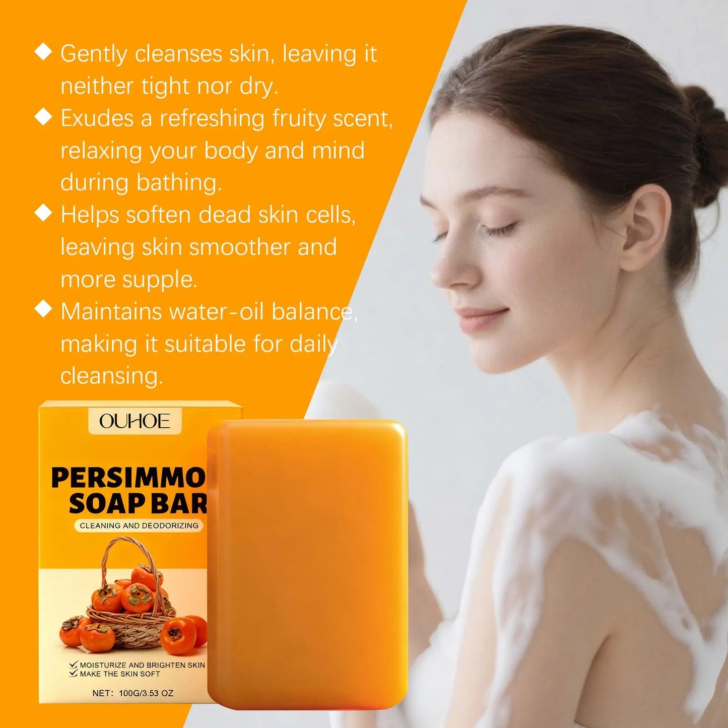 Persimmon Soap Bar Odor Removal Bath Bar Natural Deodorizing Body Cleansing Soap Soften Rough Skin Moisturizing Bath Soap