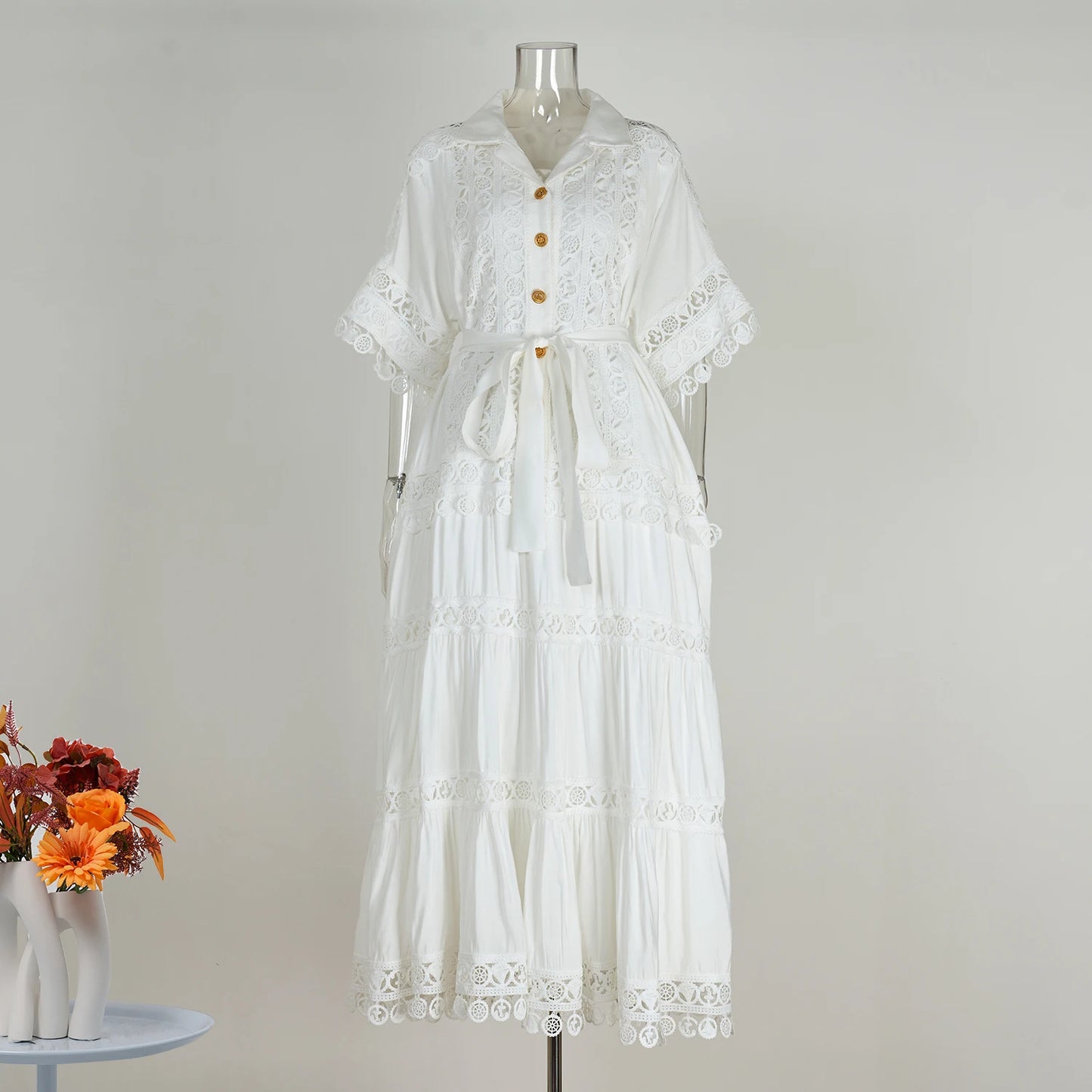 Luxury Long Maxi Dresses Shirt Women 2025 Summer Holiday Lace Embroidery Cotton Loose Big Size Hollow Out Wedding Dress White