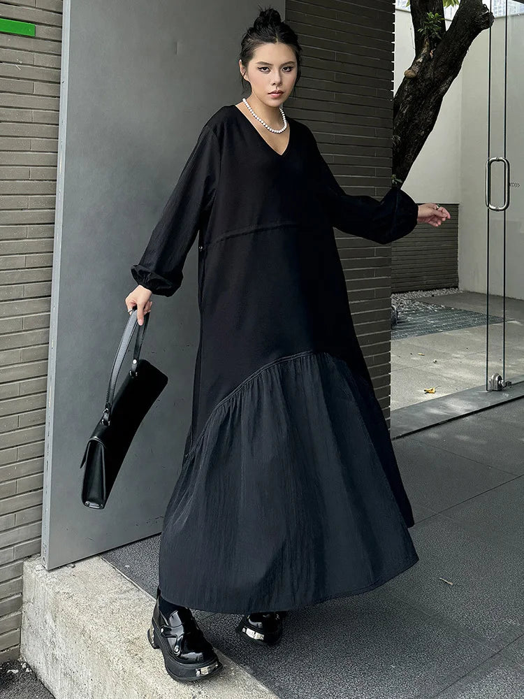EAM Women Black Waist Drawstring Big Size Casual Midi Dress New V-Neck Long Sleeve Fashion Tide Spring Autumn 2026 1DJ3697