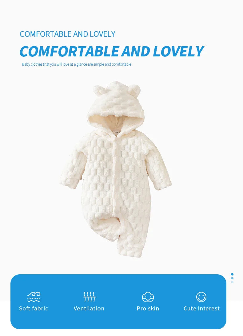 Newborn Baby Romper Winter Flannel White Hooded ears long sleeve Unisex Baby Bodysuits 0-18 months Boy Girl Comfort Clothes