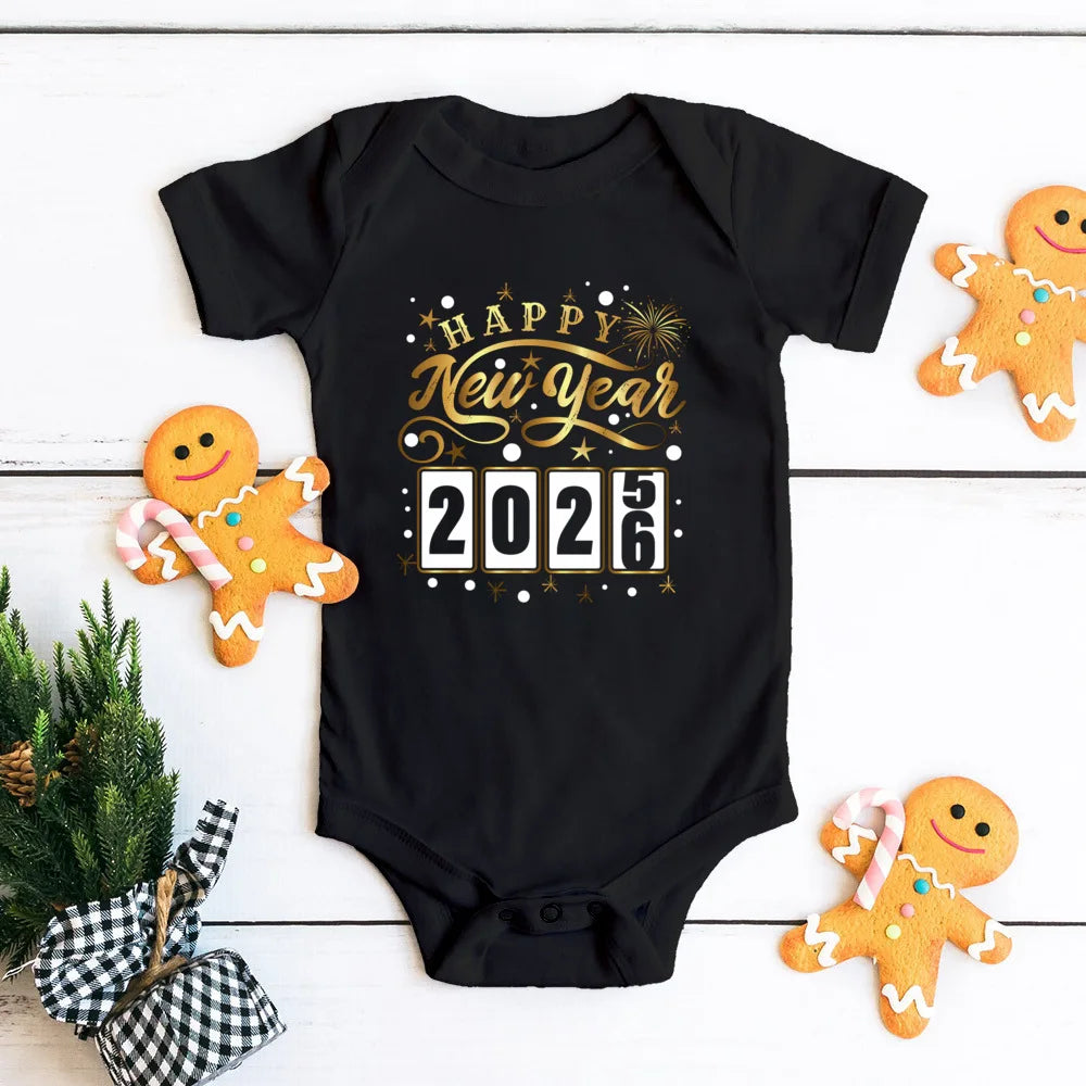 Happy New Year 2026 Family Clothing Dad Mom & Kids Round Neck Tee Baby Bodysuit Hello 2026 New Year Family Look