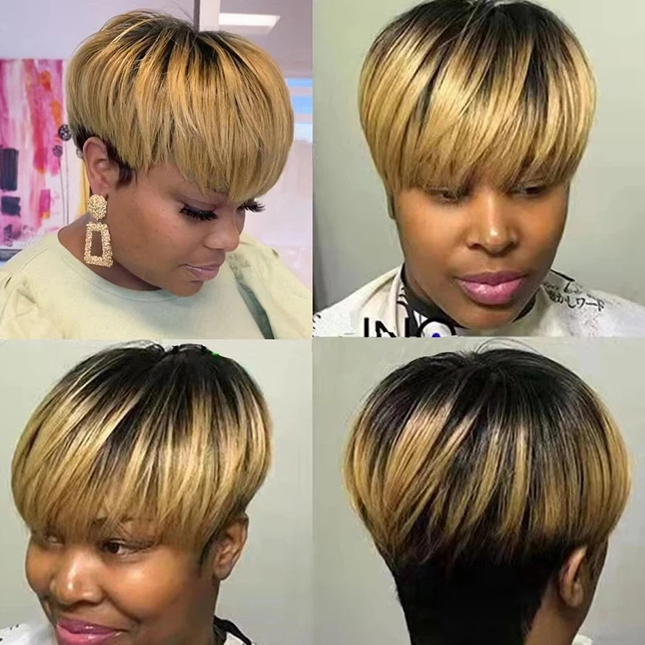 Sale Ombre Color Pixie Cut Wig Machine Made Human Hair Wigs Pre Plucked Short Cut Bob Wigs Brazilian Remy Honey Blonde Wig 1B/27