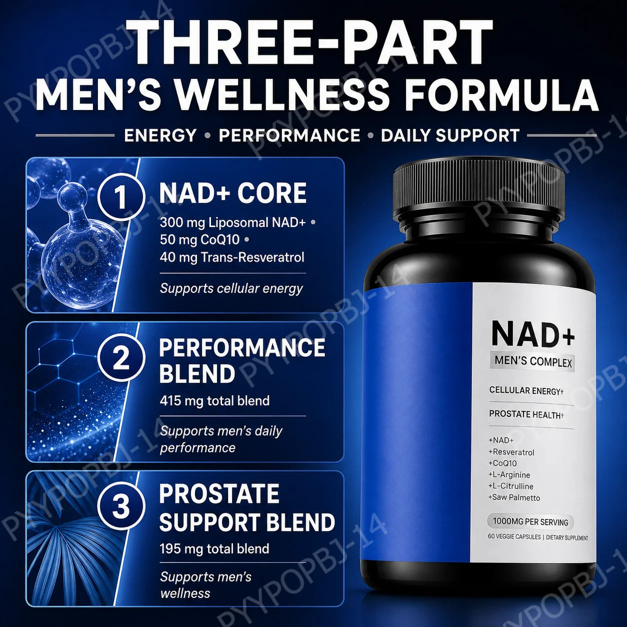 Men's Wellness Complex with NAD+ CoQ10 Resveratrol  L Arginine Daily Energy Vitality Support 60 Veggie Capsules