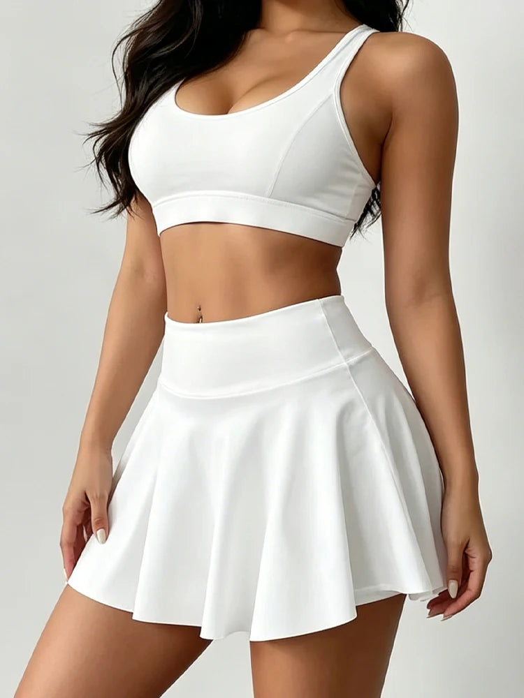 Women Quick Drying Sports Tennis Skirt Solid Color High Waist Inner Pocket Athletic Yoga Skirt Female Running Fitness Mini Skirt