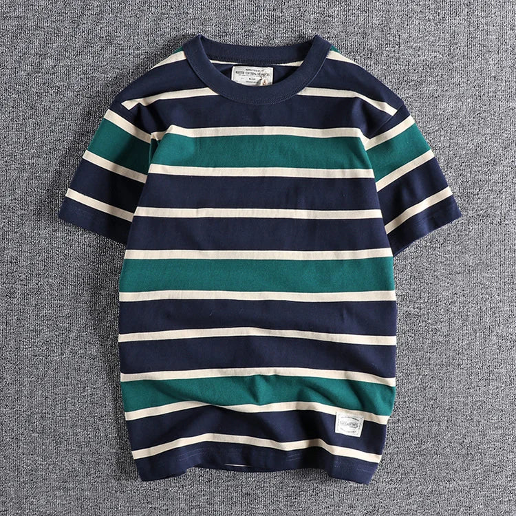 Summer Splicing Pure Cotton Stripe Short Sleeve T-shirt Streetwear Amekaji Heavyweight Casual Male Round Neck Tshirt Tops Tee