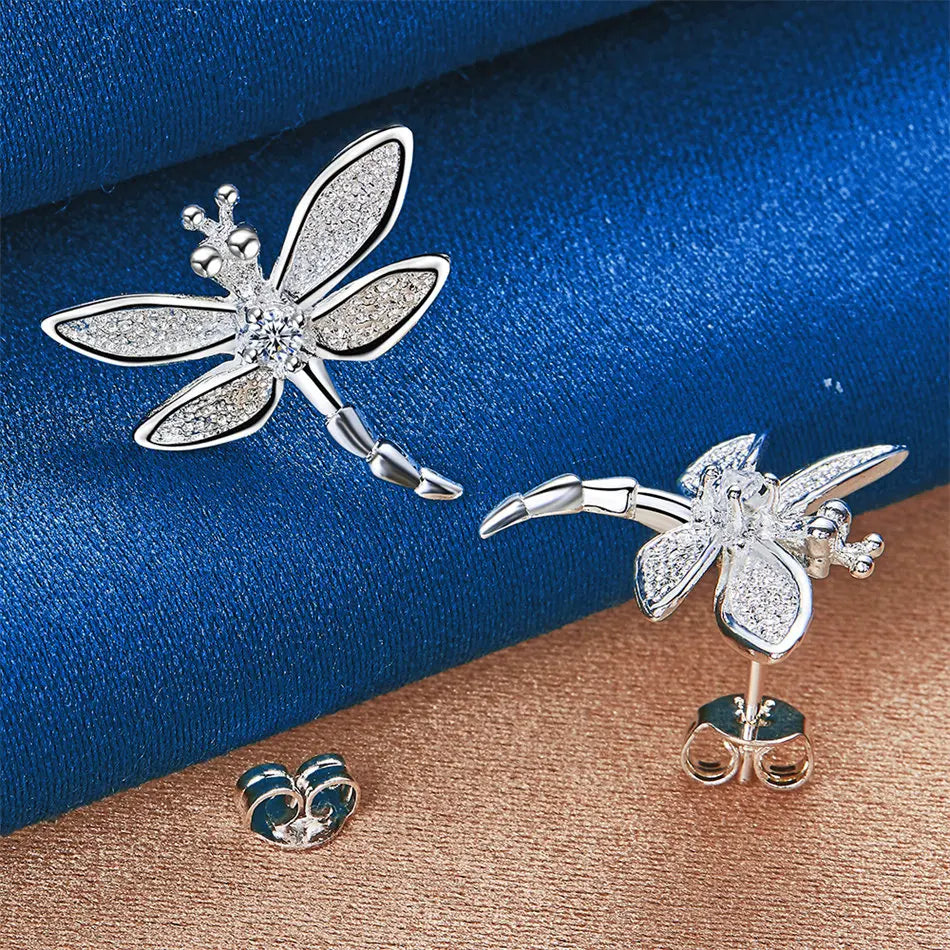 925 Sterling Silver Exquisite Dragonfly Zircon Stud Earrings for Women Fashion Wedding Gift Party Accessories Jewelry