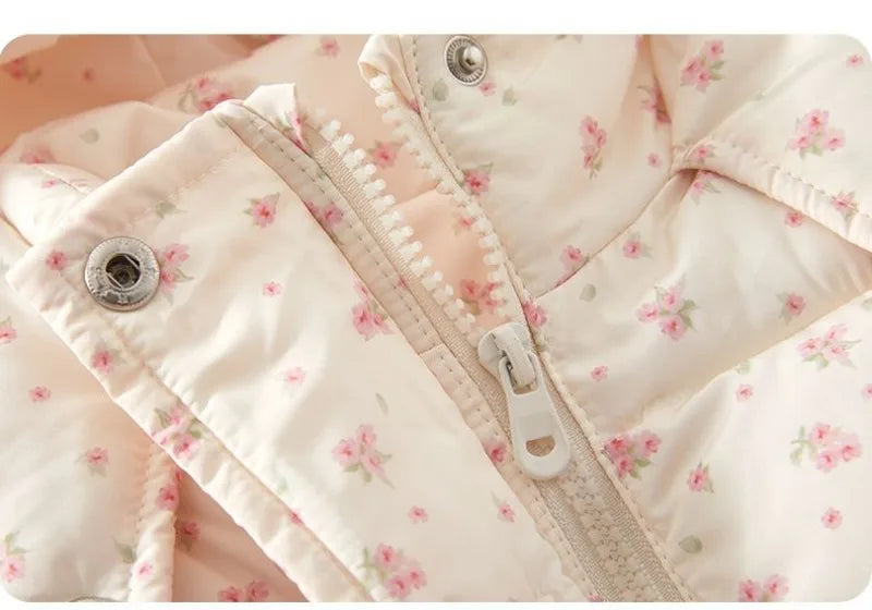 Winter 2024 Girls Plush New Fashion Sweet Floral Cotton Jacket Baby Cotton Hooded Autumn and Winter Bow Coat