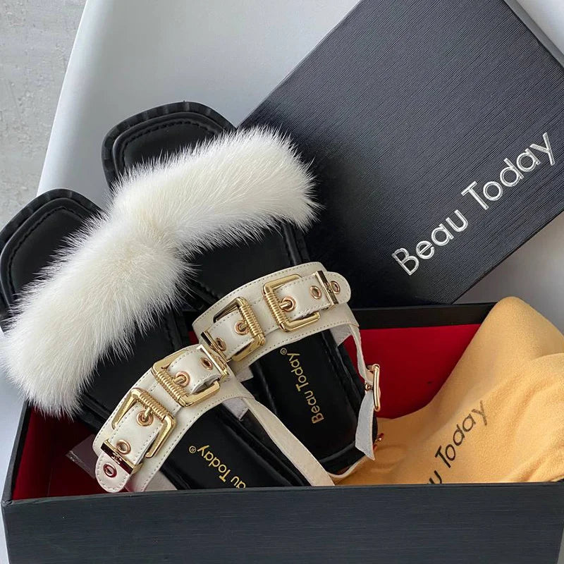 BeauToday Flat Sandals Women Cow Leather Square Toe Mink design Buckle Strap Elegant Female Furry Shoes Handmade 32372