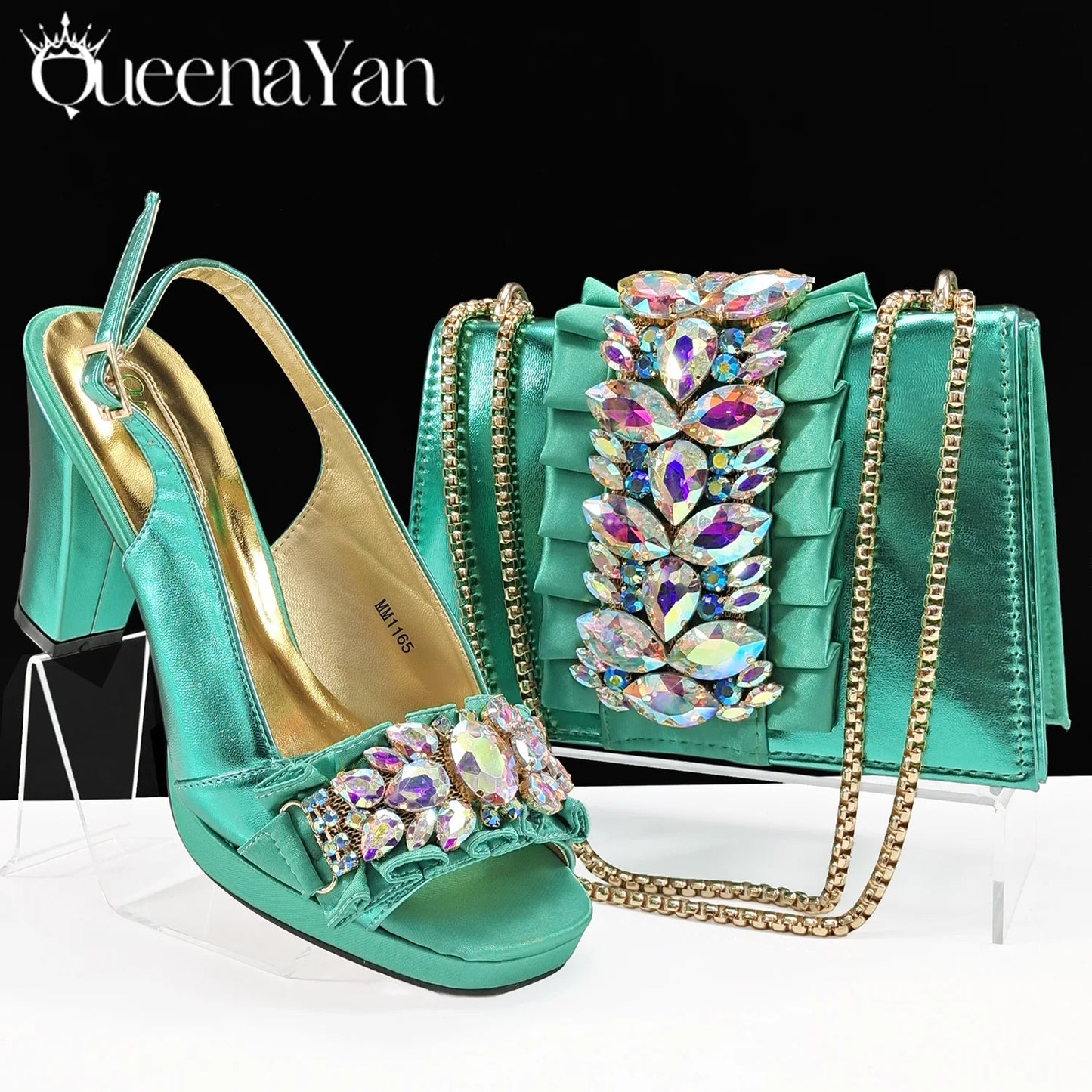 Queena Yan Spot goods Elegant Women Heels Shoes and Bag Set Decoration Rhinestones Women High Heels Shoes OL Bag And Shies