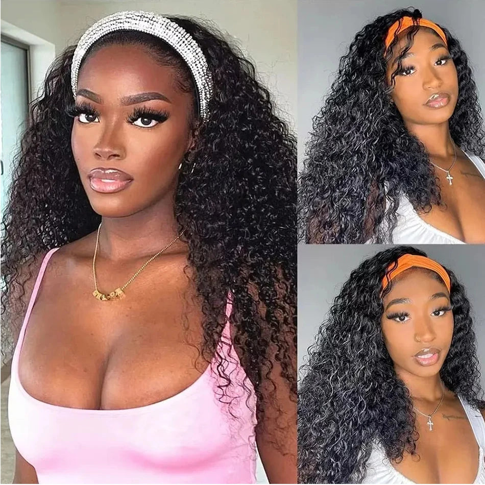Headband Wig Human Hair Deep Wave Wigs for Black Women Glueless None Lace Front Curly Wig Brazilian Virgin Hair Wear and Go Wigs