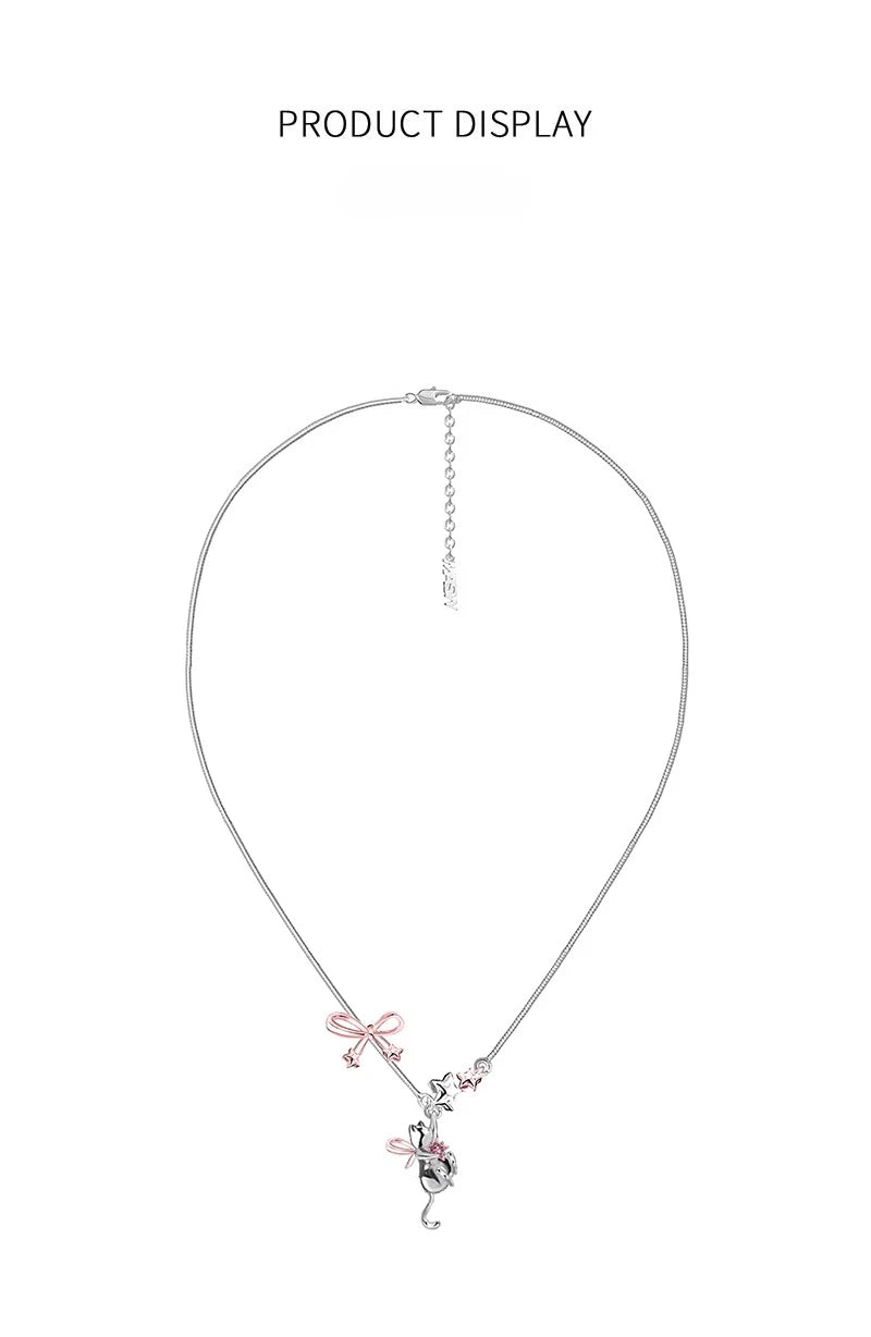 MASW Original Design Luxury Temperament Pink Bowknot Cats Pendant Necklace For Women Party Gifts Fashion Jewelry Accessories