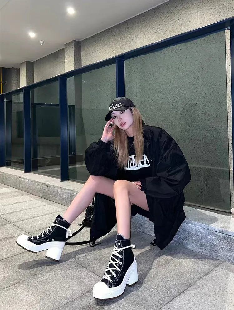 Women Platform Sneakers Designer Women Boots Fashion Outdoor Vulcanize Shoes Women High Top Canvas High Heels Plus Size 36-42