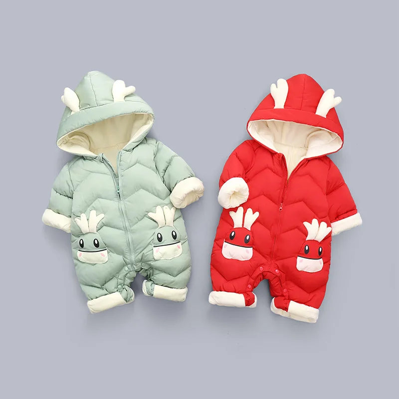 OLEKID 2025 Baby Winter Snowsuit Plus Velvet Thick Baby Boys Jumpsuit 0-2 Years Newborn Romper Baby Girls Overalls Toddler Coat