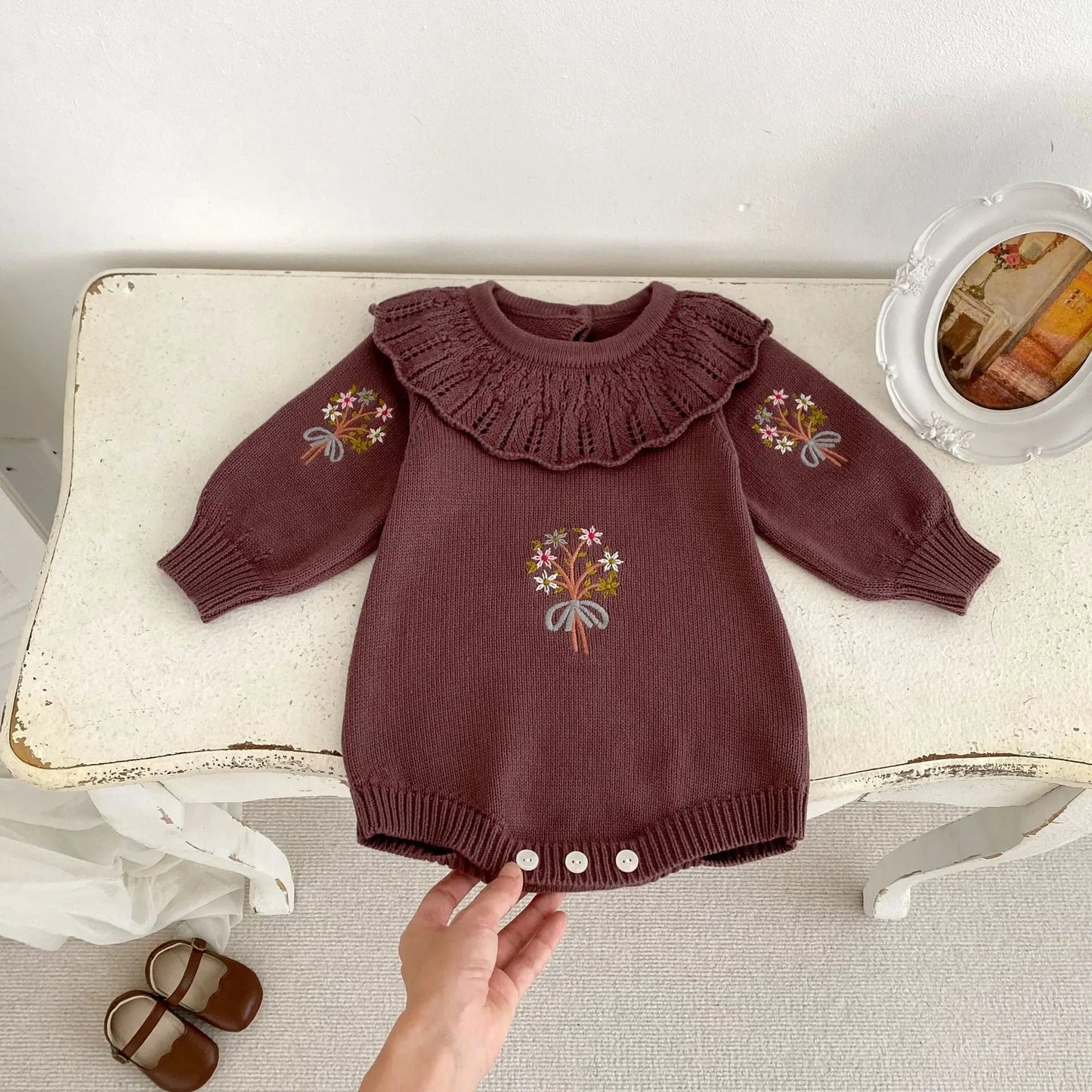 Autumn Baby Clothing New Baby Knitted Rompers Lotus Leaf Collar Long-sleeved Romper Cute Baby Girl Embroidered Sweaters Jumpsuit