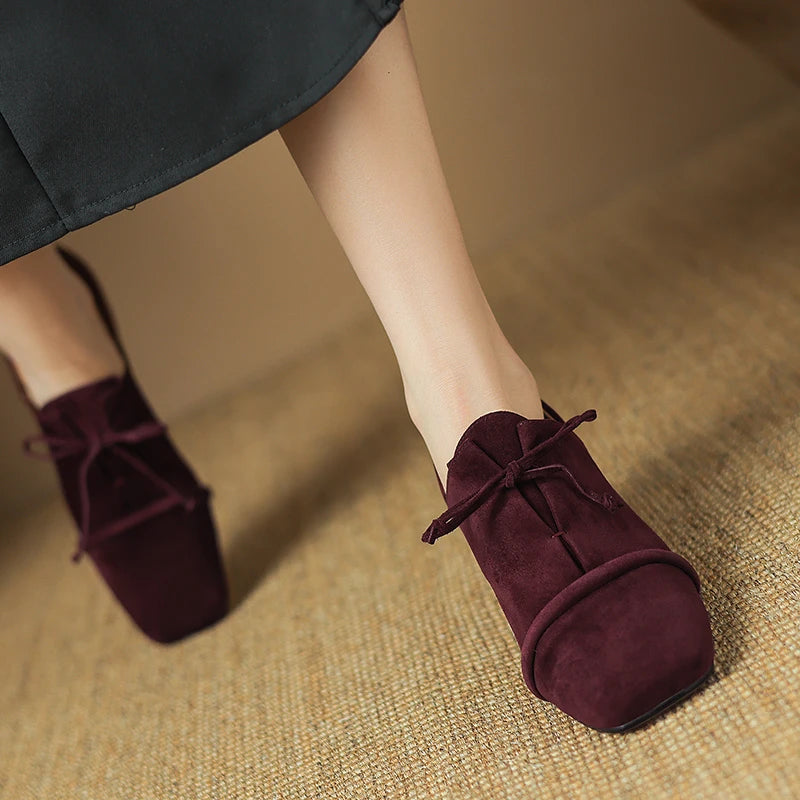 2025 New Women Pumps Sheep Suede Leather Shoes for Square Toe Low Heel Shoes Casual Lace-up Handmade Shoes 34-42 Women Heels