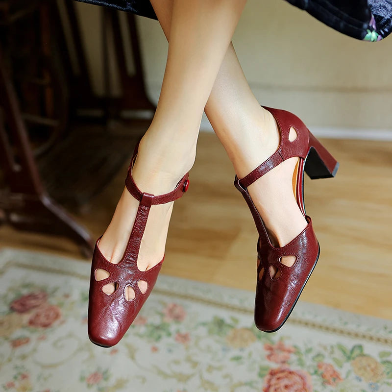 EAGSITY Cow leather square heel pointed toe sandals Women sandals shoes high heel pumps ankle strap shoes