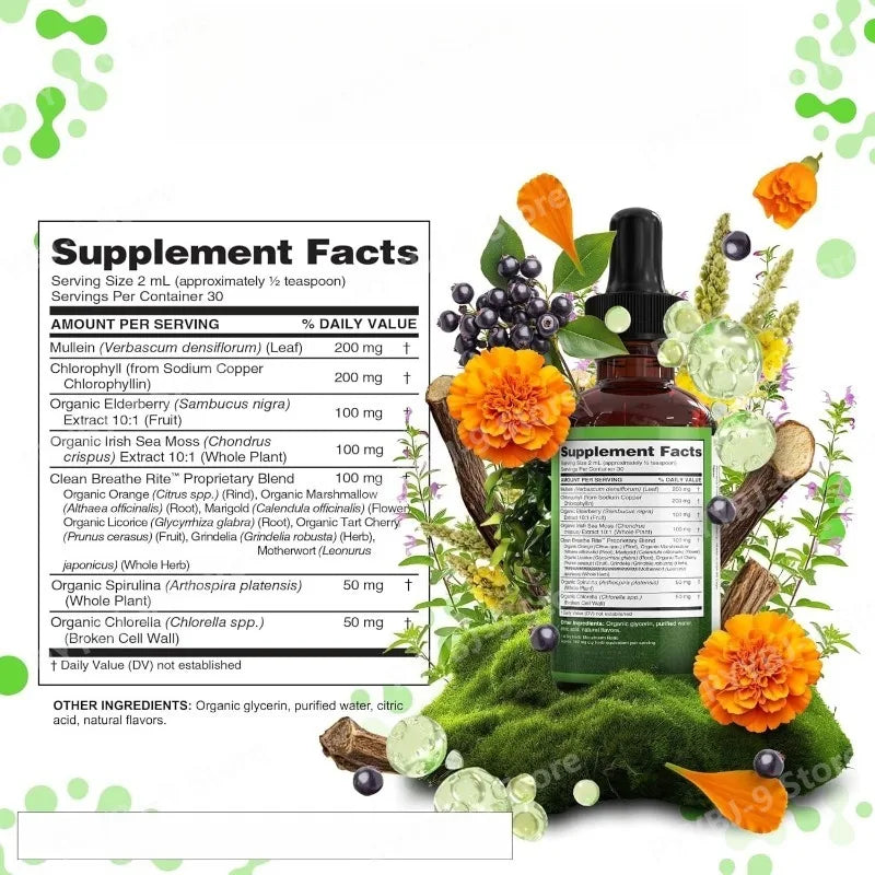 Mullein Drops Liquid Chlorophyll Elderberry Sea Moss Spirulina Chlorella Marigold Lung Cleanse Tincture Men Women 2 Fl Oz