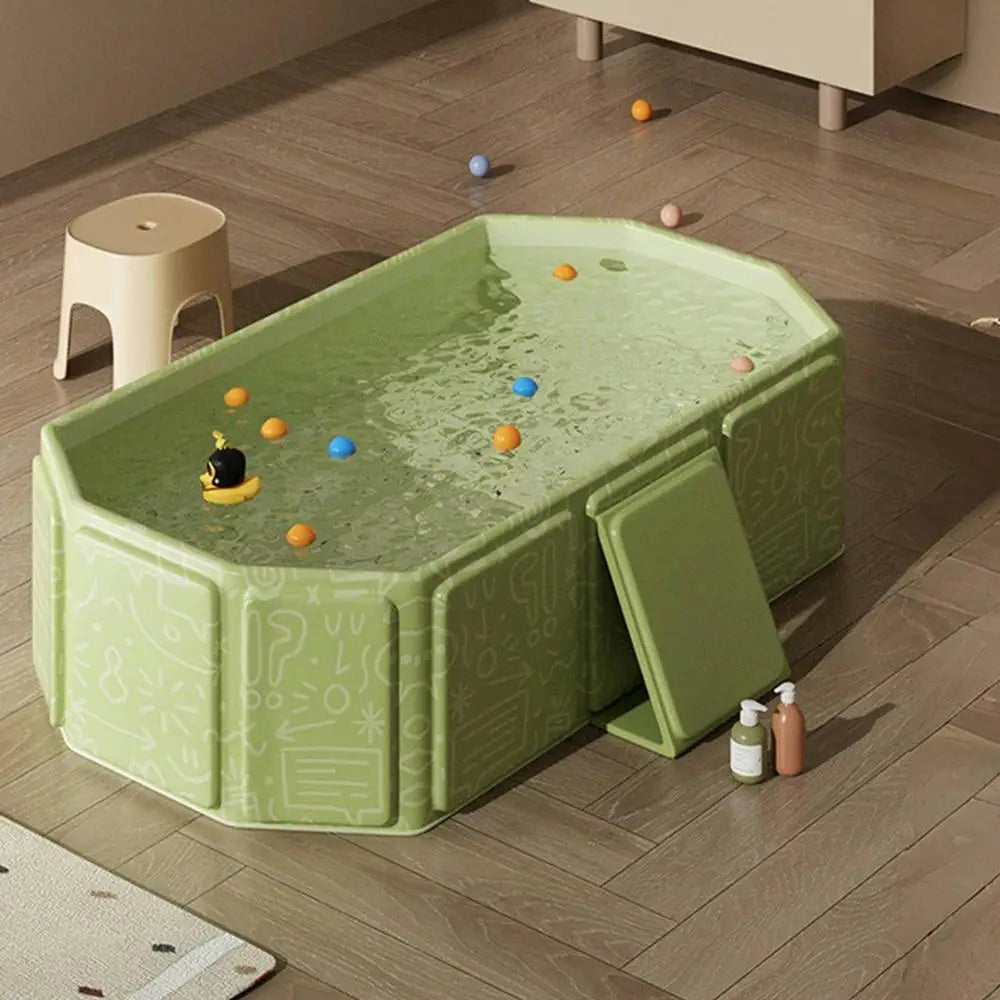 Foldable Bathtub for Kids Toddler Bath Tub with Drain Plug Foldable Baby Shower Tub with 5 Balls and 2 Ducks Green White