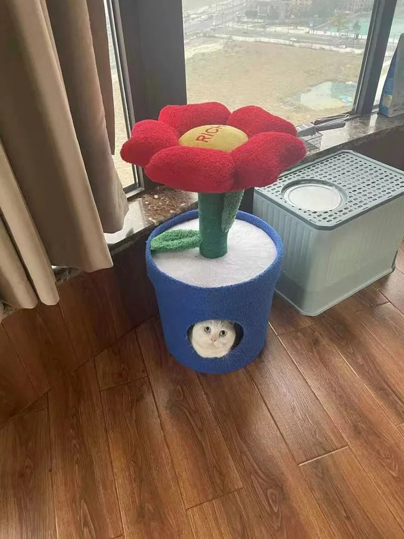 Red Flower Potted Cat Tree with Integrated Cat Bed Below Medium-Sized Cat Tree (Suitable for Cats Under 15 lbs)