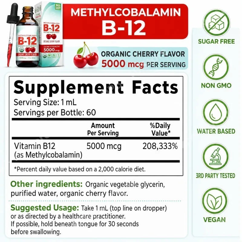 Methylcobalamin B12 5000mcg Daily Energy Vitality Support Organic Cherry Flavor Liquid Drops 60ml