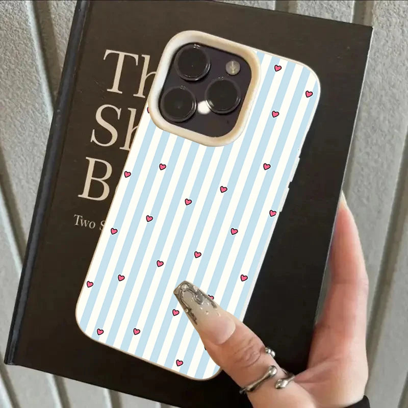 Striped Love Heart Pattern Lychee Texture Silicone Phone Case For iPhone 17 16 15 14 13 12 11 Pro Max 15 Plus 17 Air Soft Cover