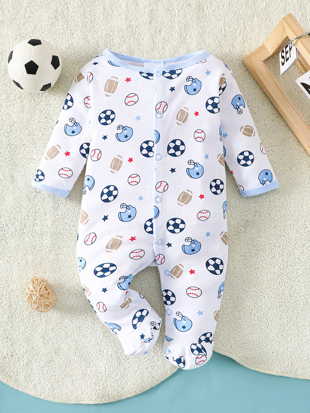 8-Piece Baby Romper Set | 100% Cotton | Soft & Breathable | Blue Cartoon Rugby Design | For 0-9 Months Infants