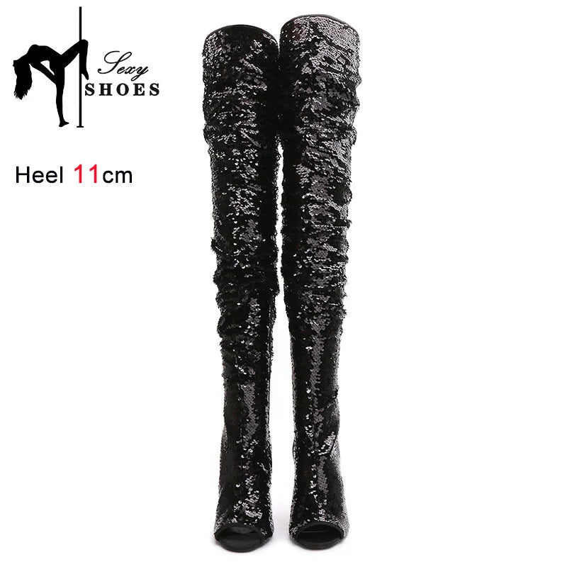 Fashion Wrinkle Women Long Boots Blue Sequined High Heels 11CM Nightclub Queen Peep Toe Shoes Shiny Over The Knee Boots Female