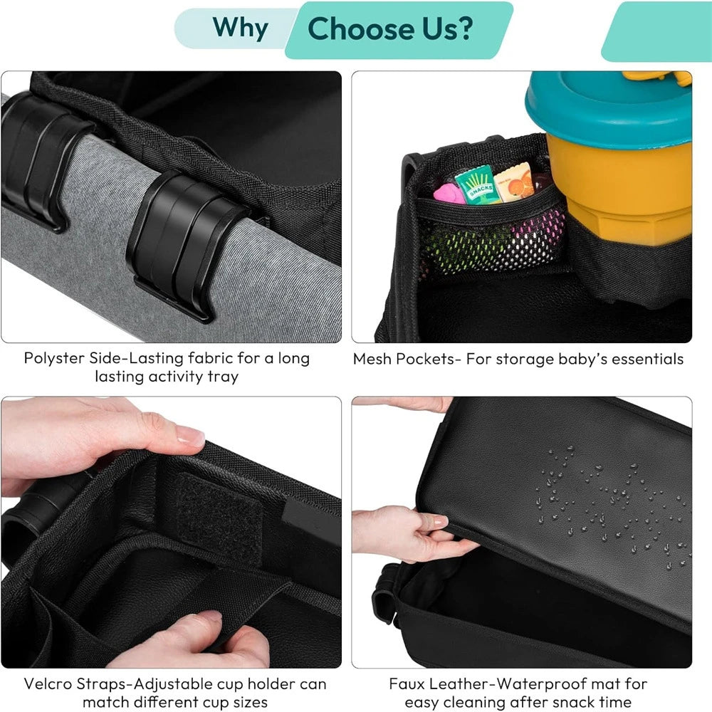 Double Sided Stroller Tray for Snacks & Activities Featuring Faux Leather Side for Eating, Polyester Side for Activities