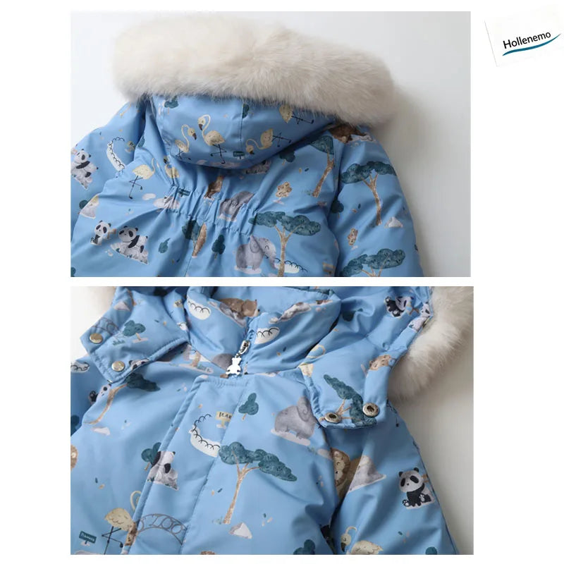Baby Hooded One‑Piece Snowsuit Faux Fur Trim Windproof Waterproof Animal Print Warm Winter Zipper Jumpsuit Romper For Boys Girls