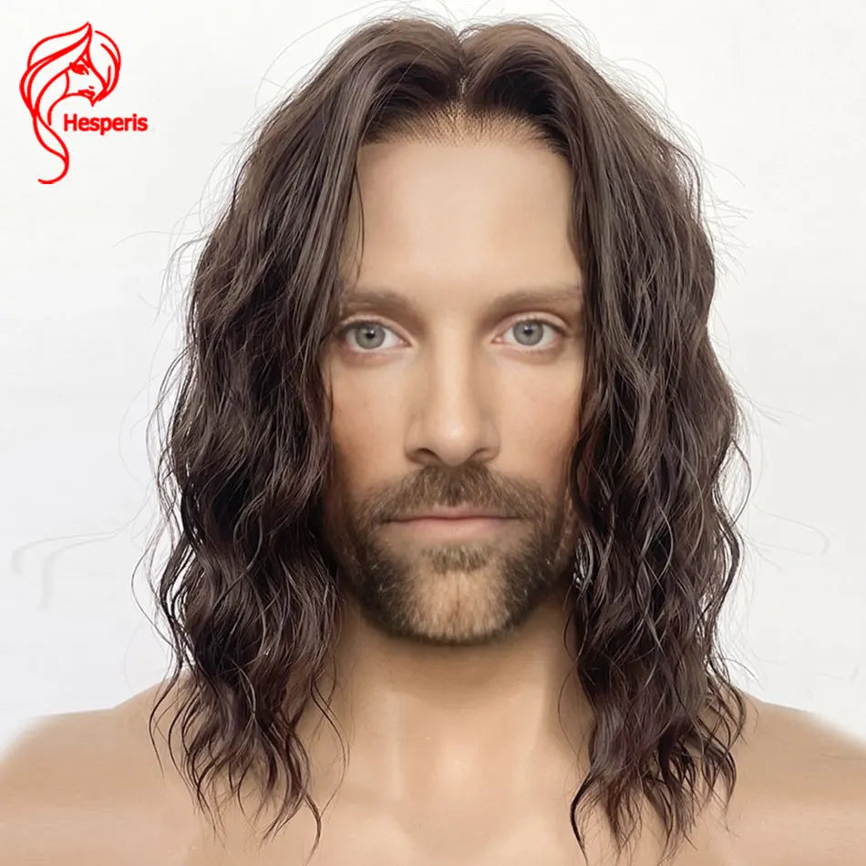 Hesperis Human Man Hair Water Wave Wigs Long Brown Wave Lace Front Wigs For Male Glueless Middle Part Man Brown Lace Wigs