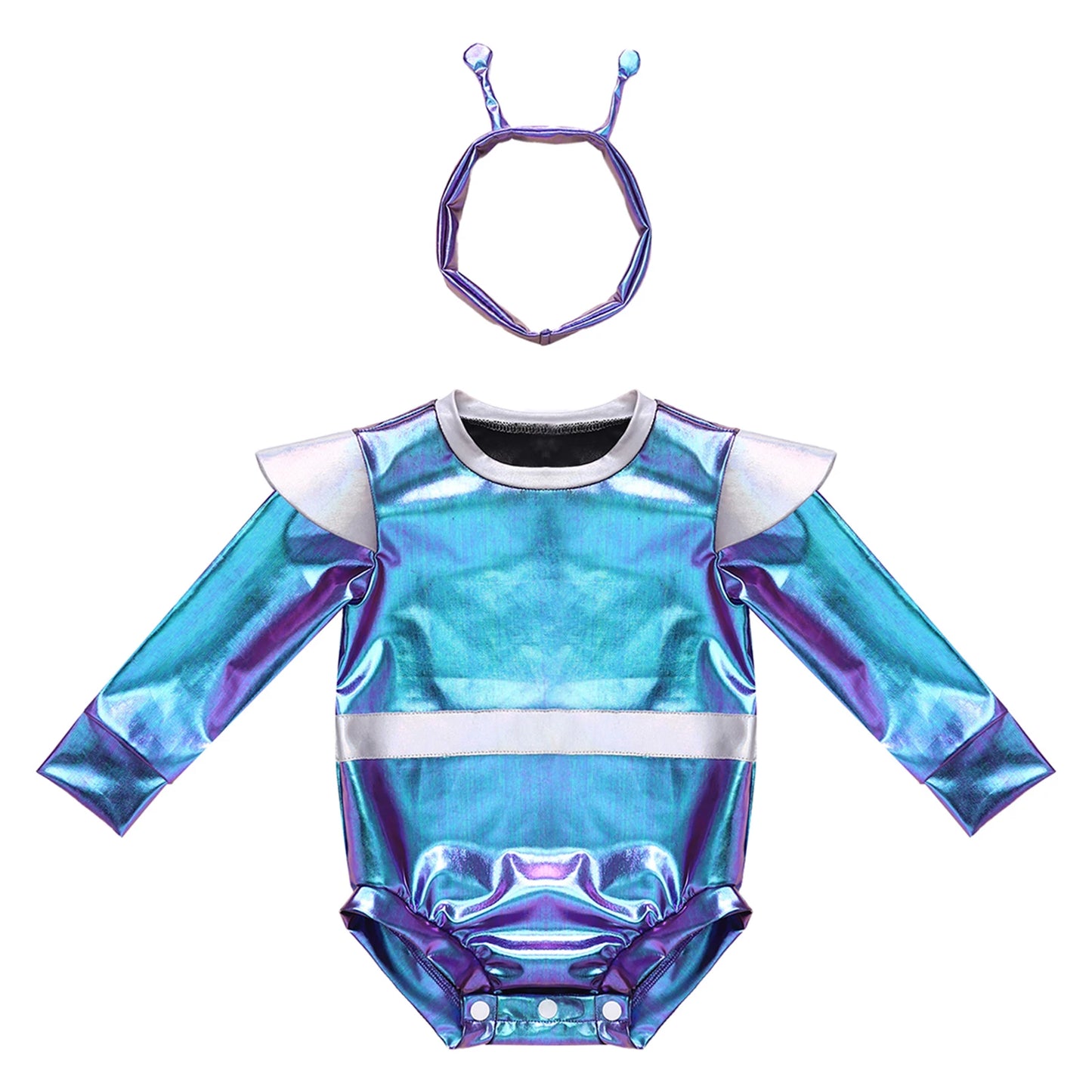 Toddler Boys Girls Metallic Alien Dress-up Costume Jumpsuit Halloween Outer Space Party Cap Sleeve Shiny Romper for Photography