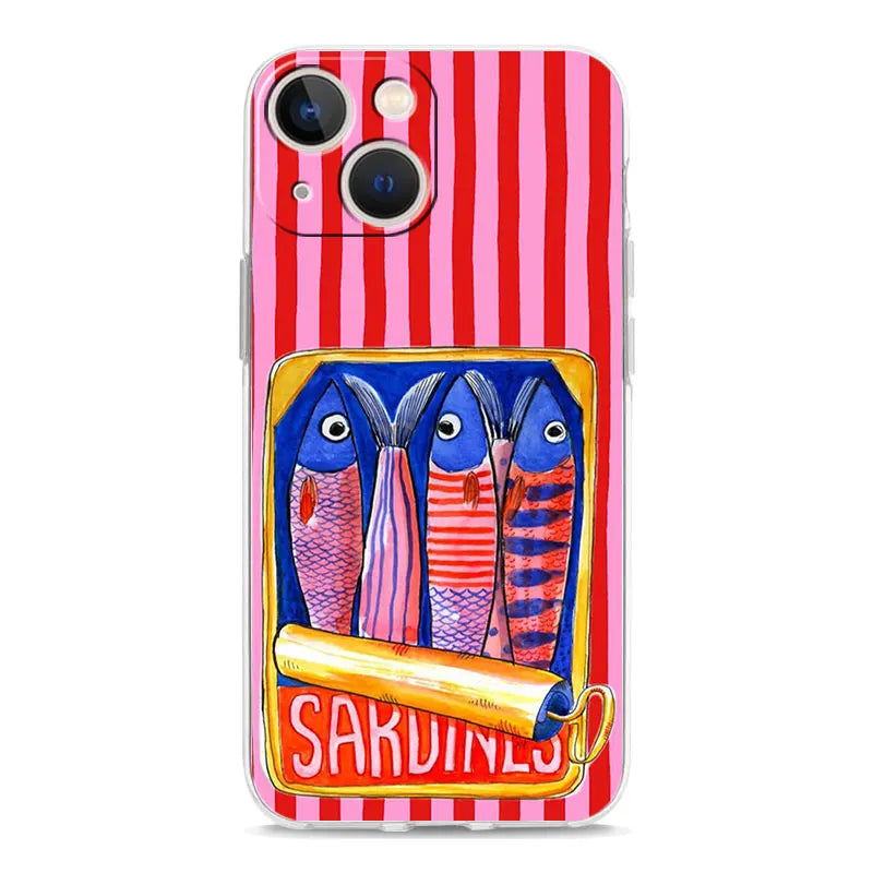 Soft TPU Transparent Phone Case Cover for iPhone 17 16 15 14 13 12 11 Pro Max 17 Air 7 8 Plus Fundas Funny Fish Sardines Laser