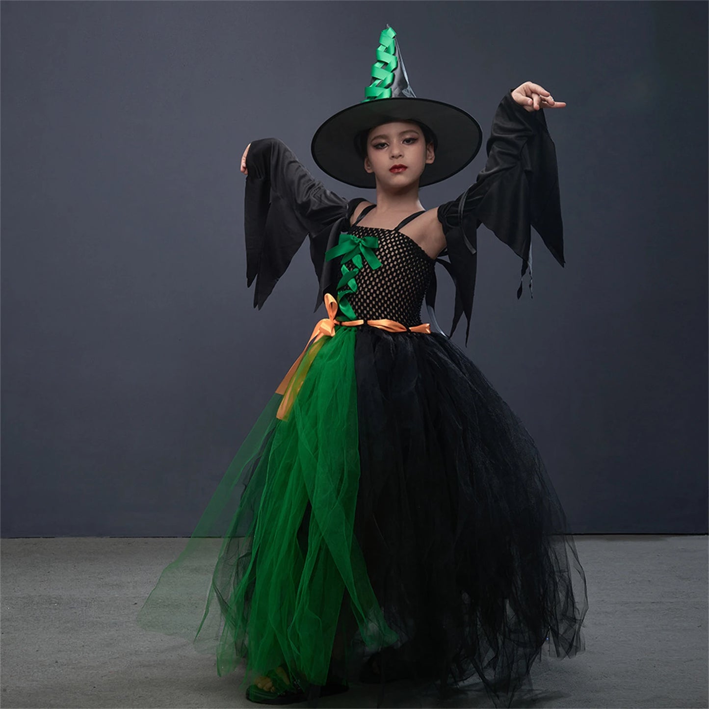 Halloween Witch Costume For Girls Kids Long Veil Dress Princess Dress Birthday Party Dress Stage Performance Dress