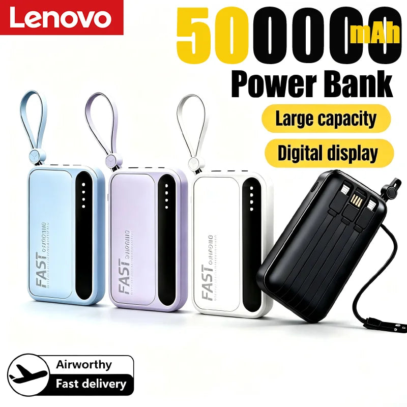 Lenovo 500000mAh Power Bank Built in 4 Lines Large Capacity Super Fast Charging Portable External Battery For iPhone Samsung